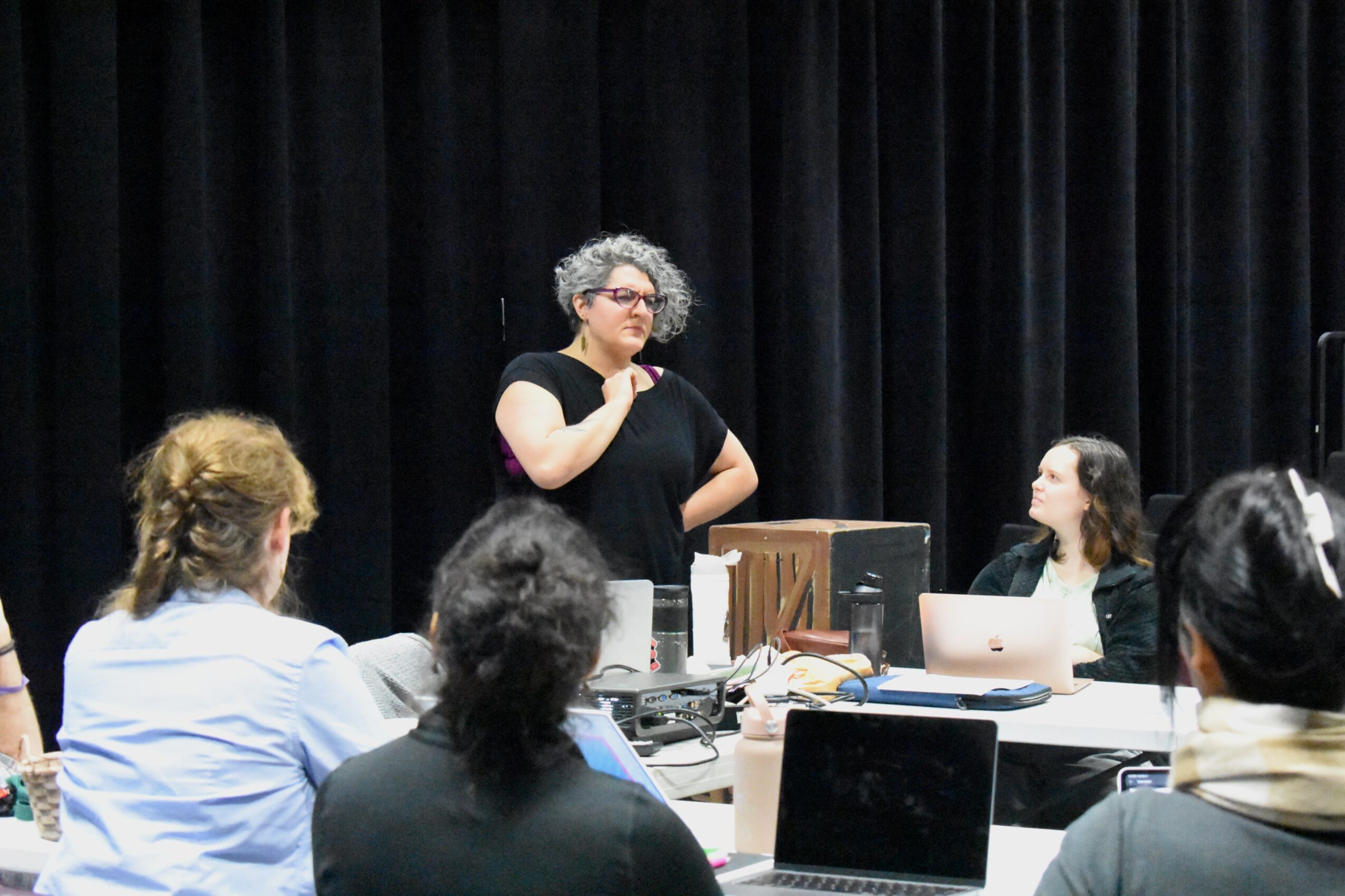 Woman with curly gray hair speaking to a group in a room with black curtains, seated at a table with laptops and equipment.