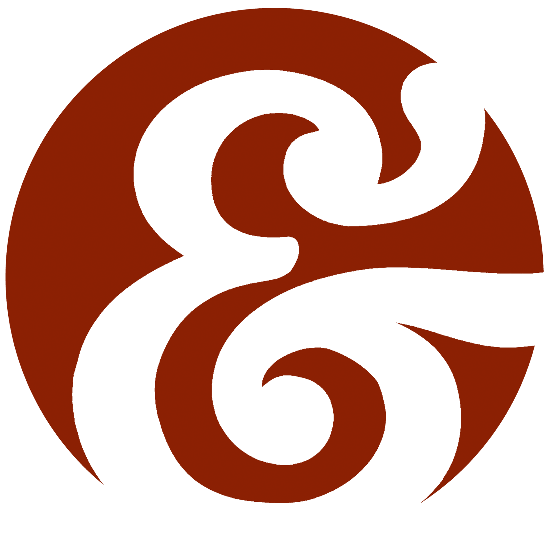 A stylized black ampersand symbol on a red circular background, with a black border.