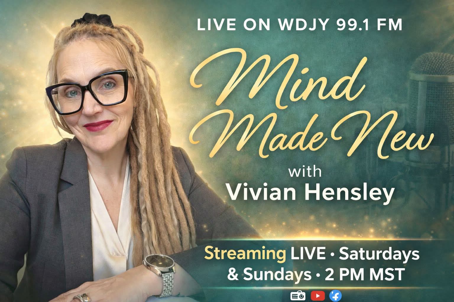Woman with glasses and dreadlocks smiling, promotional text for a radio show, streaming info, and schedule details.