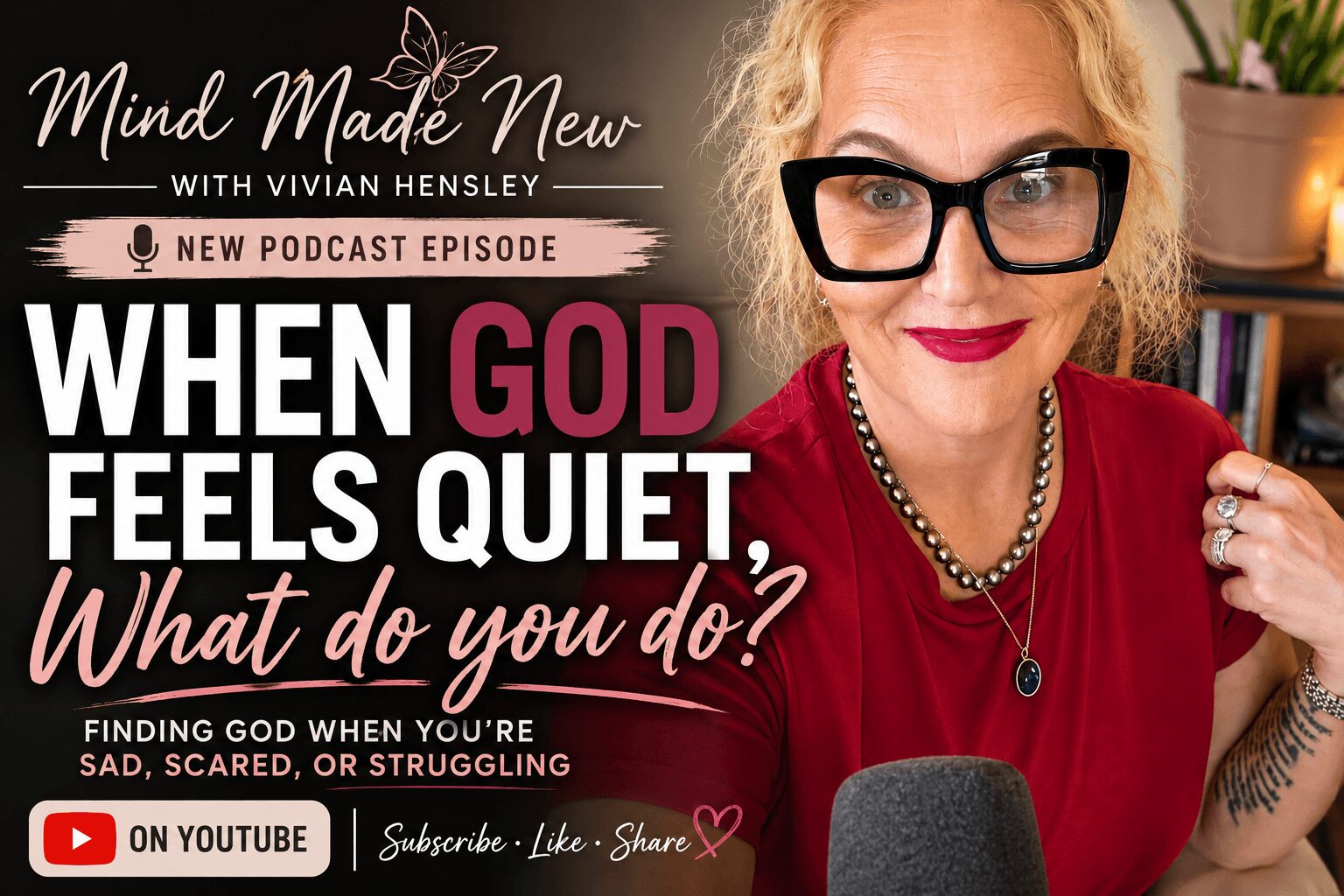 Woman with glasses and blonde hair in a red top, smiling, in a podcast setting, with text about faith and coping.