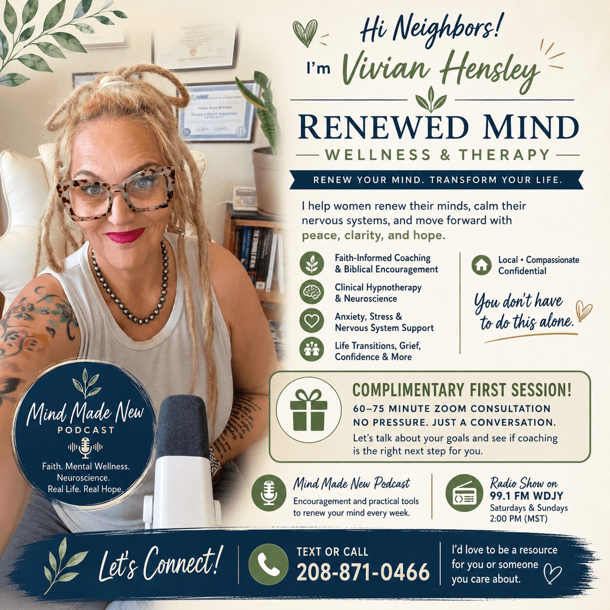 Portrait of a woman with glasses and blonde hair, smiling, with wellness and therapy promotional text and icons behind her.
