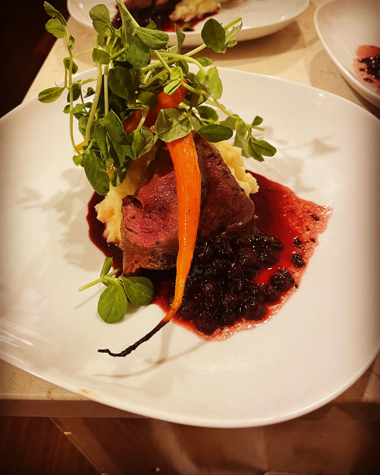 A plated dish with a piece of meat topped with greens and a carrot, served with a dark sauce on a white plate.