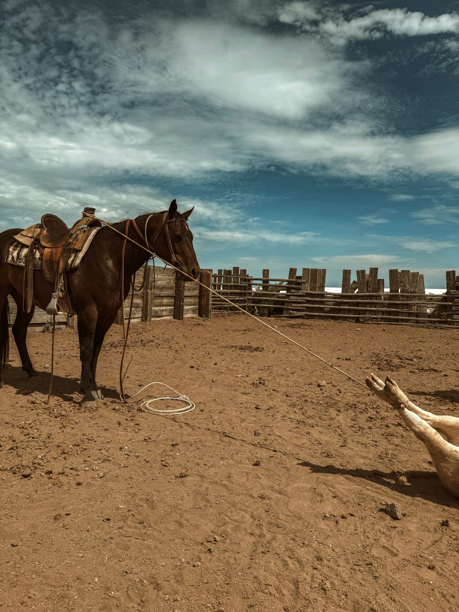A horse with a saddle stands on dirt ground, tied to a branch, with a wooden fence and cloudy sky in the background.