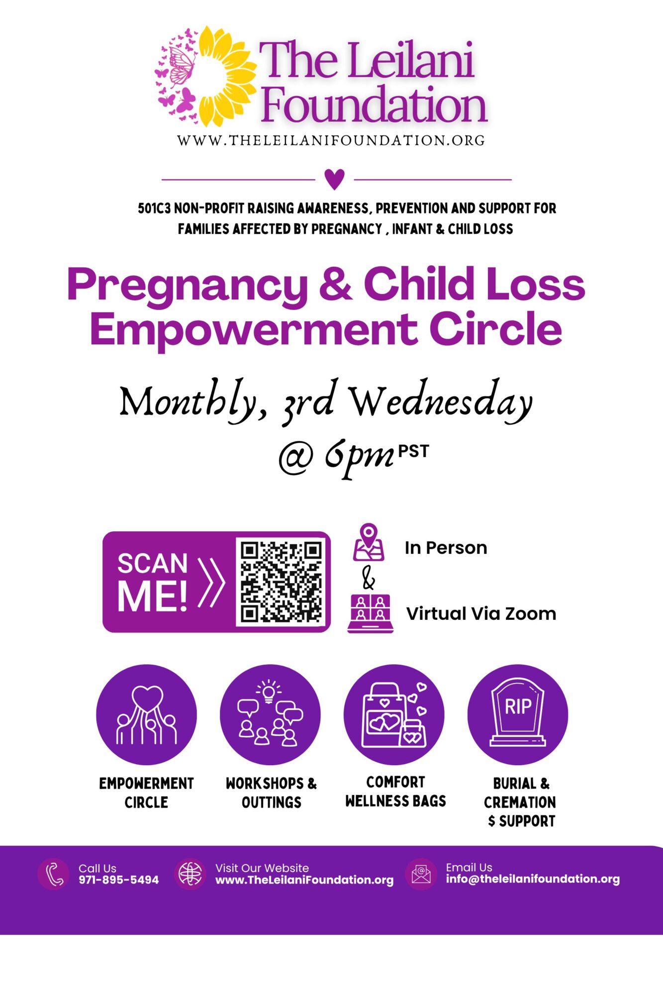 Event poster for Pregnancy & Child Loss Empowerment Circle, includes date, time, and contact info, with purple and pink design elements.