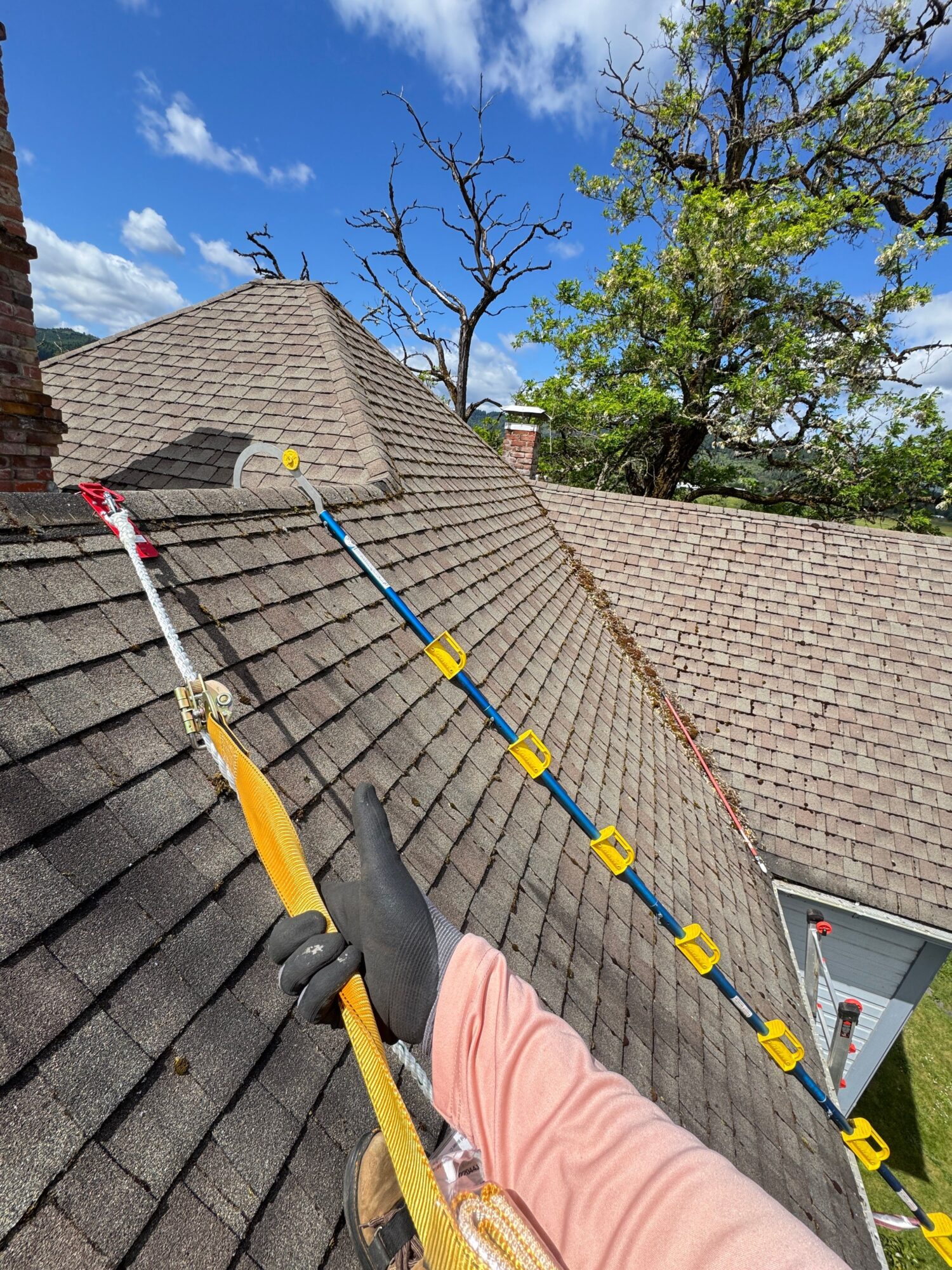 Person working on roof with safety harness and ropes, blue sky and tree in background.