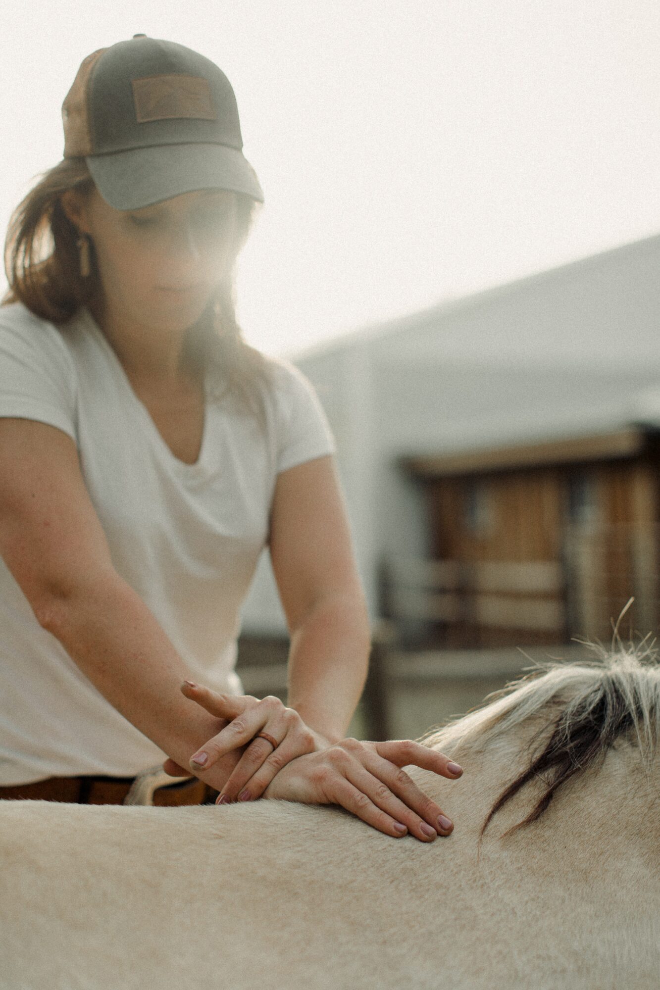 Person wearing a cap and white shirt, gently touching a horse's neck outdoors, with a building in the background.