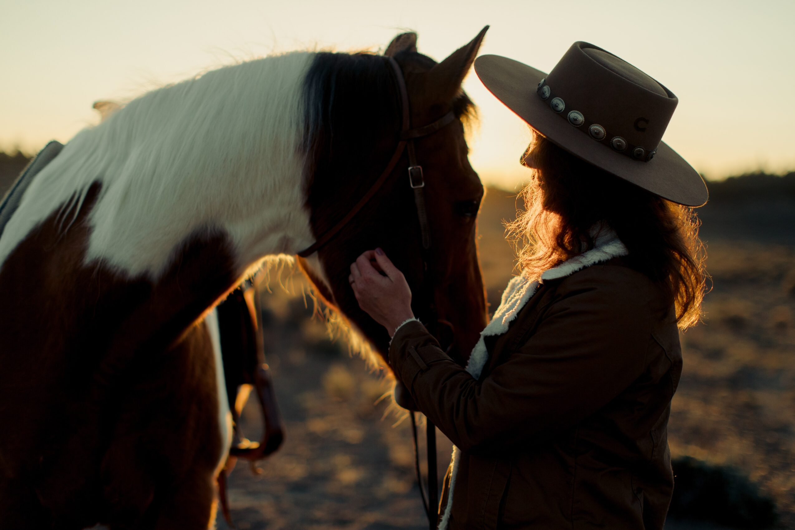 Person wearing a wide-brimmed hat gently touches a horse's face outdoors at sunset.
