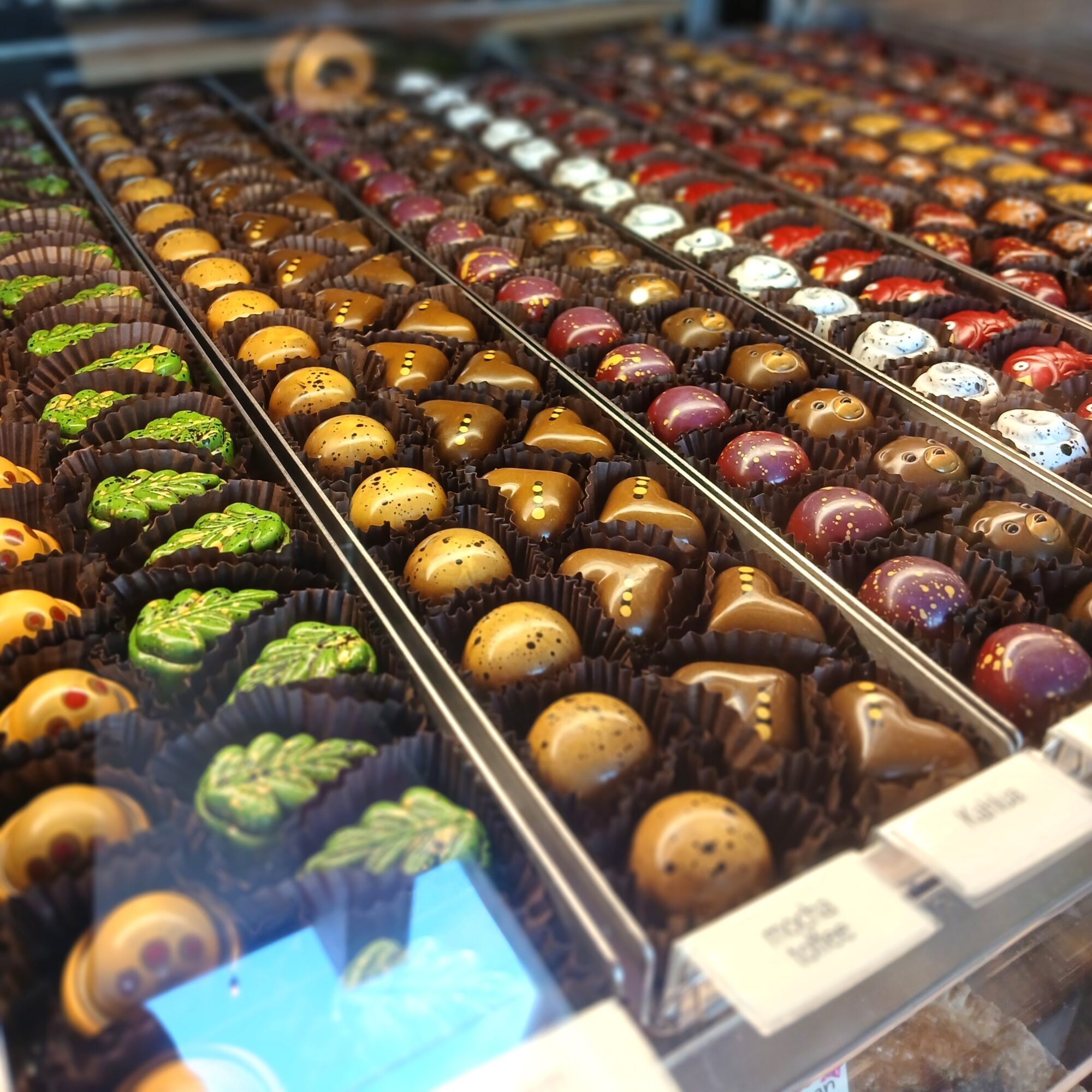 Display of colorful assorted chocolates arranged in rows on a store shelf.