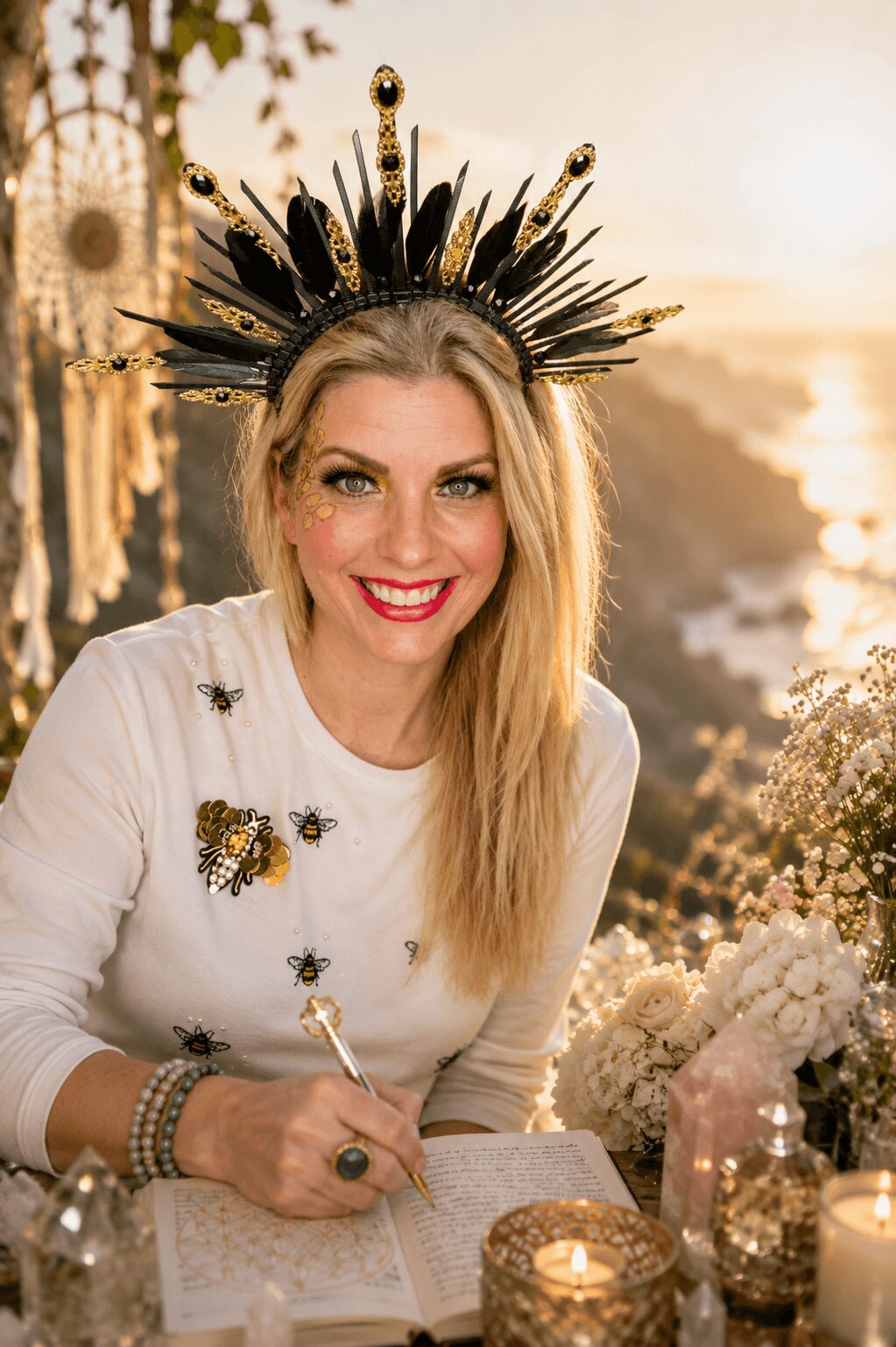 Woman with a crown of black and gold feathers, smiling outdoors at sunset, surrounded by flowers and candles.