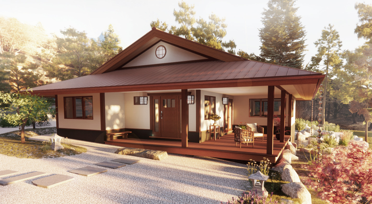 Single-story building with a sloped roof, porch, and outdoor seating area, surrounded by trees and landscaping.