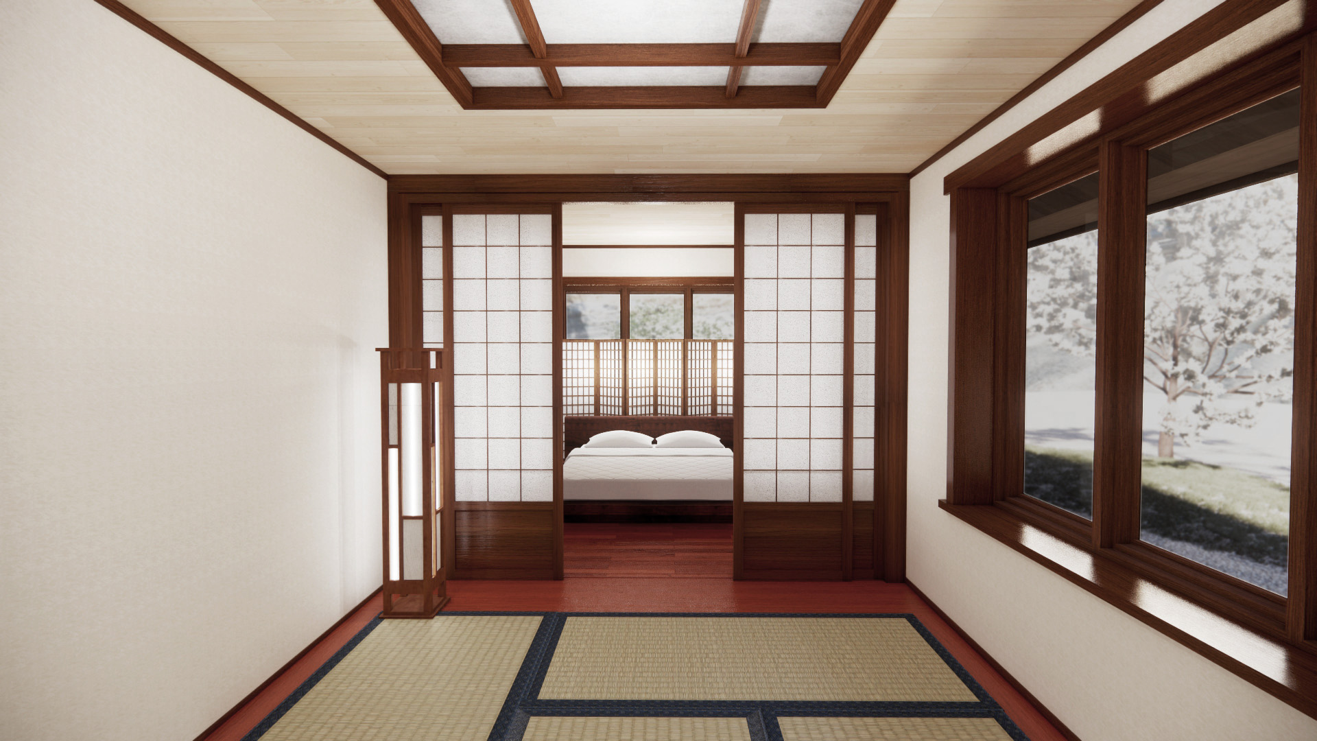 Traditional Japanese room with tatami mats, shoji sliding doors, and a view of a garden outside the window.