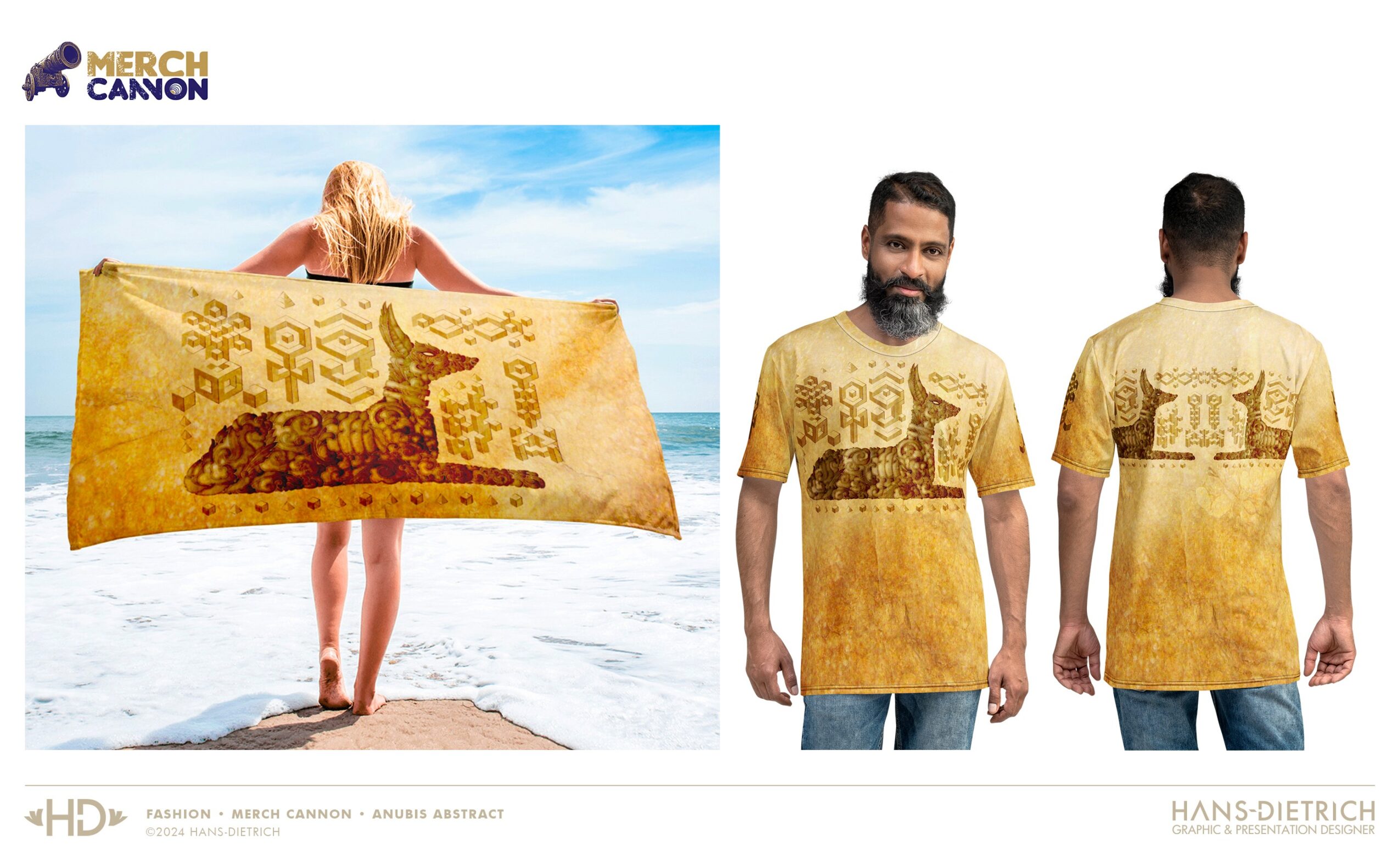 Person holding a large yellow towel with a design, standing on a beach with sky and ocean, front and back views, two models, yellow shirt with design, front and back views