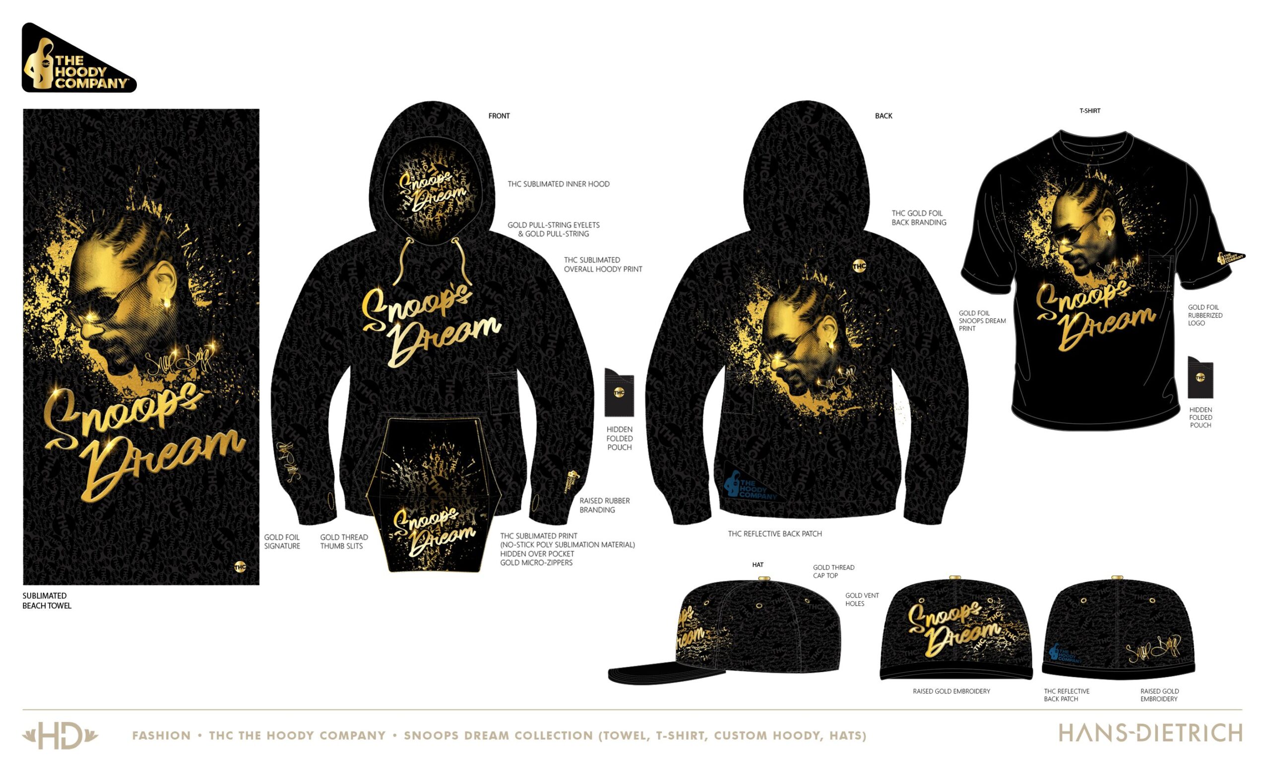Designs for clothing and accessories featuring a person's face with gold accents and the text 'Sneaker Dream'.
