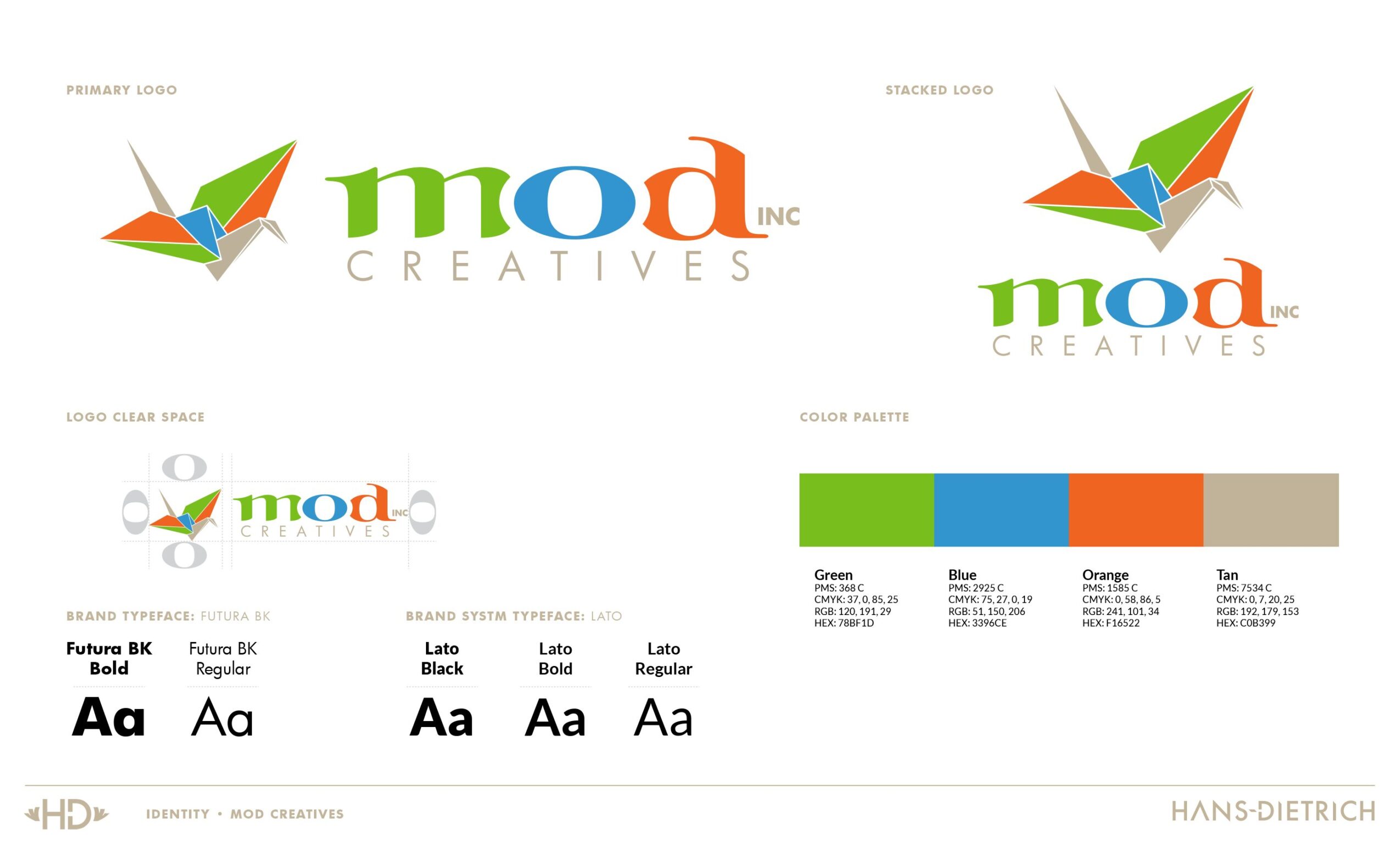 Logo with colorful bird and text 'mod INC CREATIVES', color palette, font samples, and color codes, on a white background.