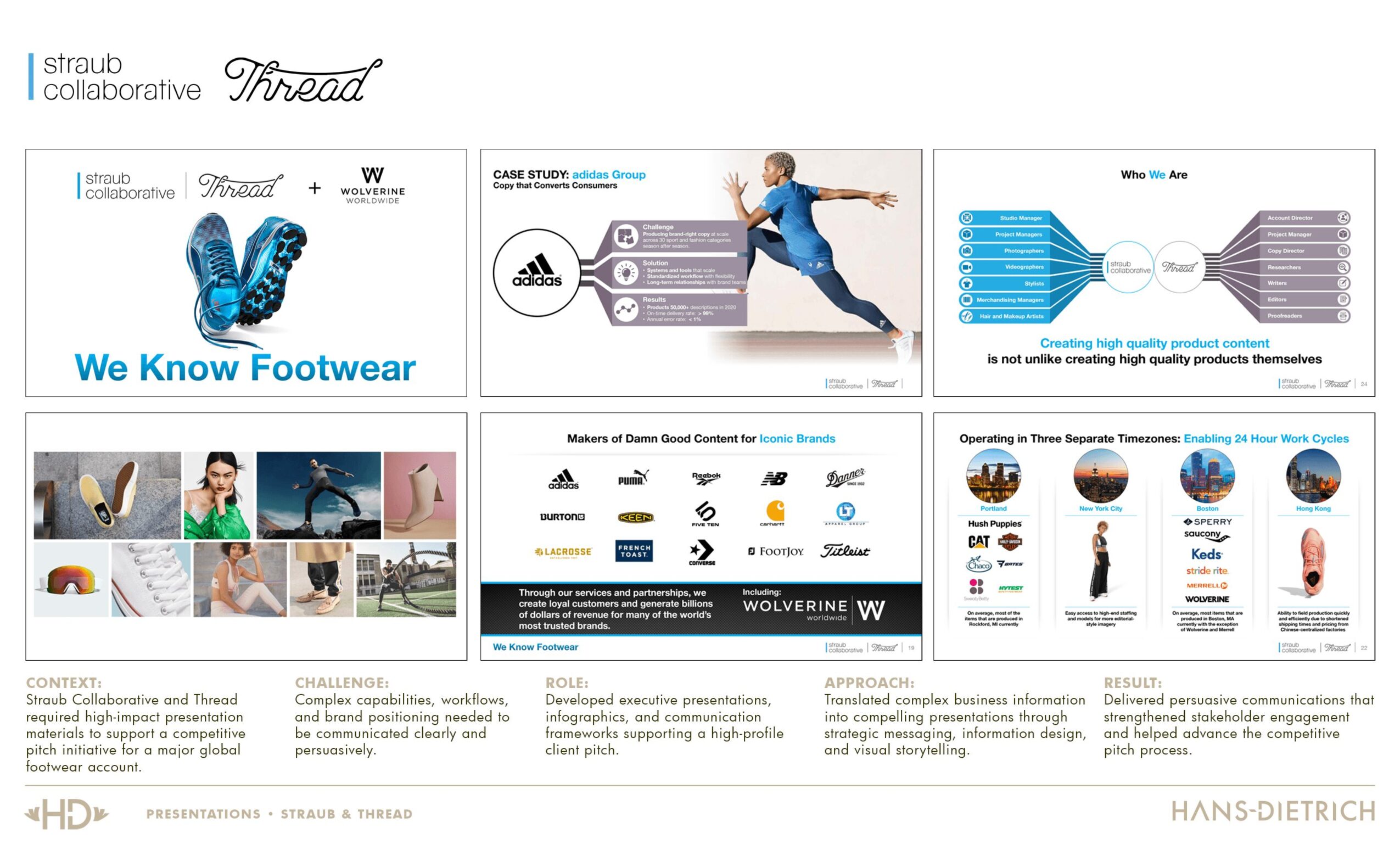 Collage of footwear, athletic, and sports images with text about footwear knowledge and innovation, including a person running and product diagrams.