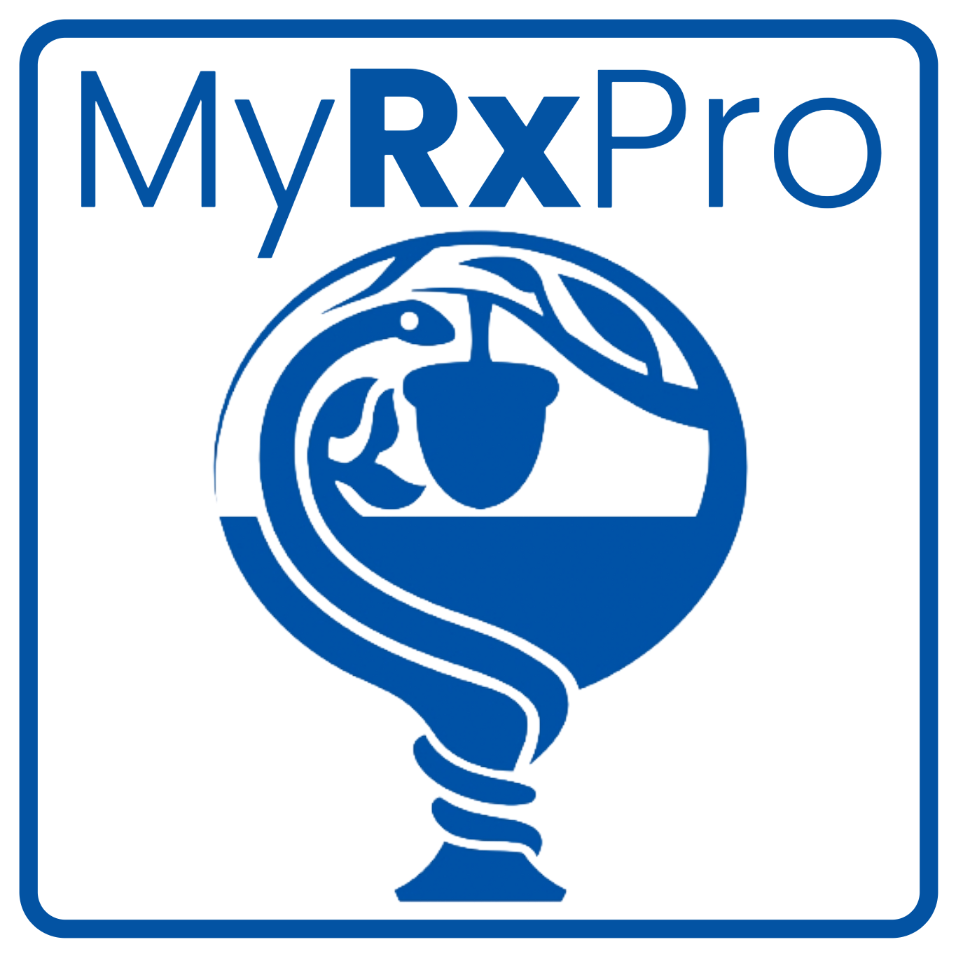Logo with text 'MyRxPro' and a snake wrapped around a cup, enclosed in a square border.