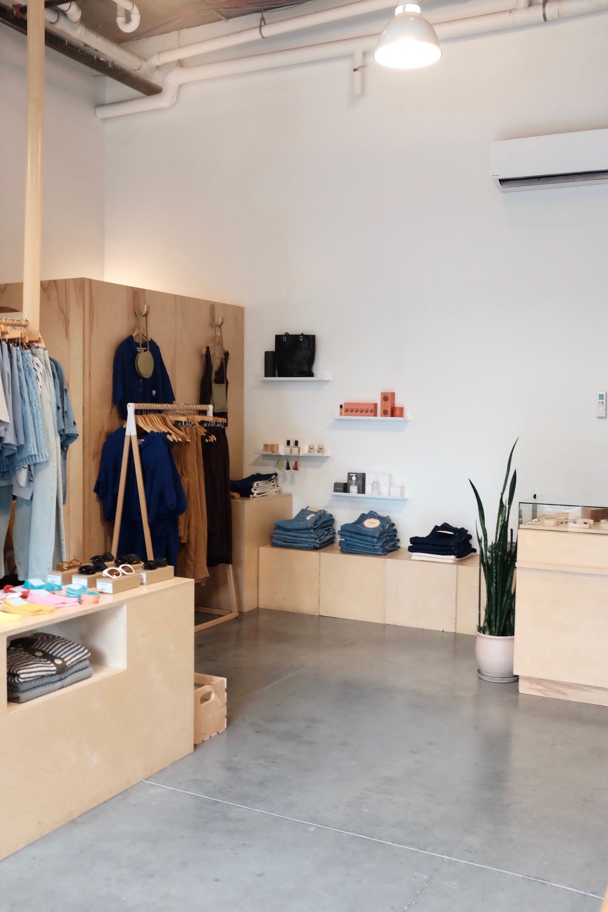 Clothing store interior with racks of clothes, shelves, and a potted plant, minimal decor, and bright lighting.