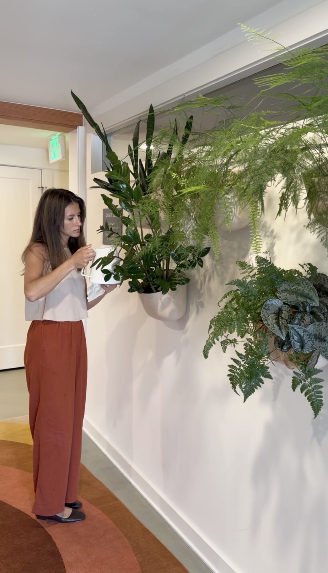 Woman with long hair in white top and red pants looking at hanging plants indoors, white wall background.