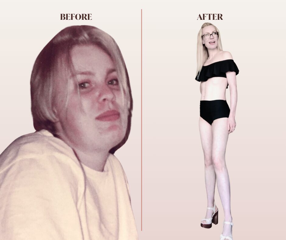 Comparison of a woman before and after transformation, with the after image showing her in a black off-shoulder top and shorts, wearing glasses.