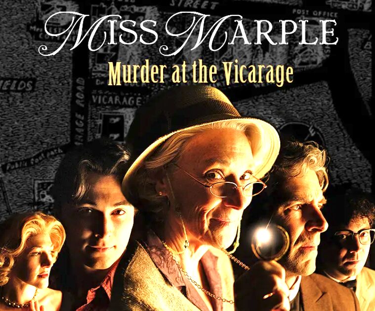 Four characters, including a woman with glasses and a hat, in a dark setting with a city map background.