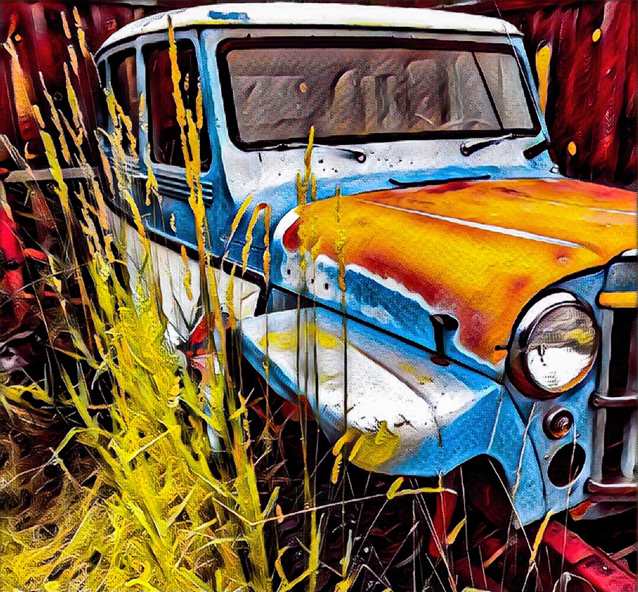 Old blue and orange vehicle surrounded by yellow grass, painted in a colorful, abstract style.