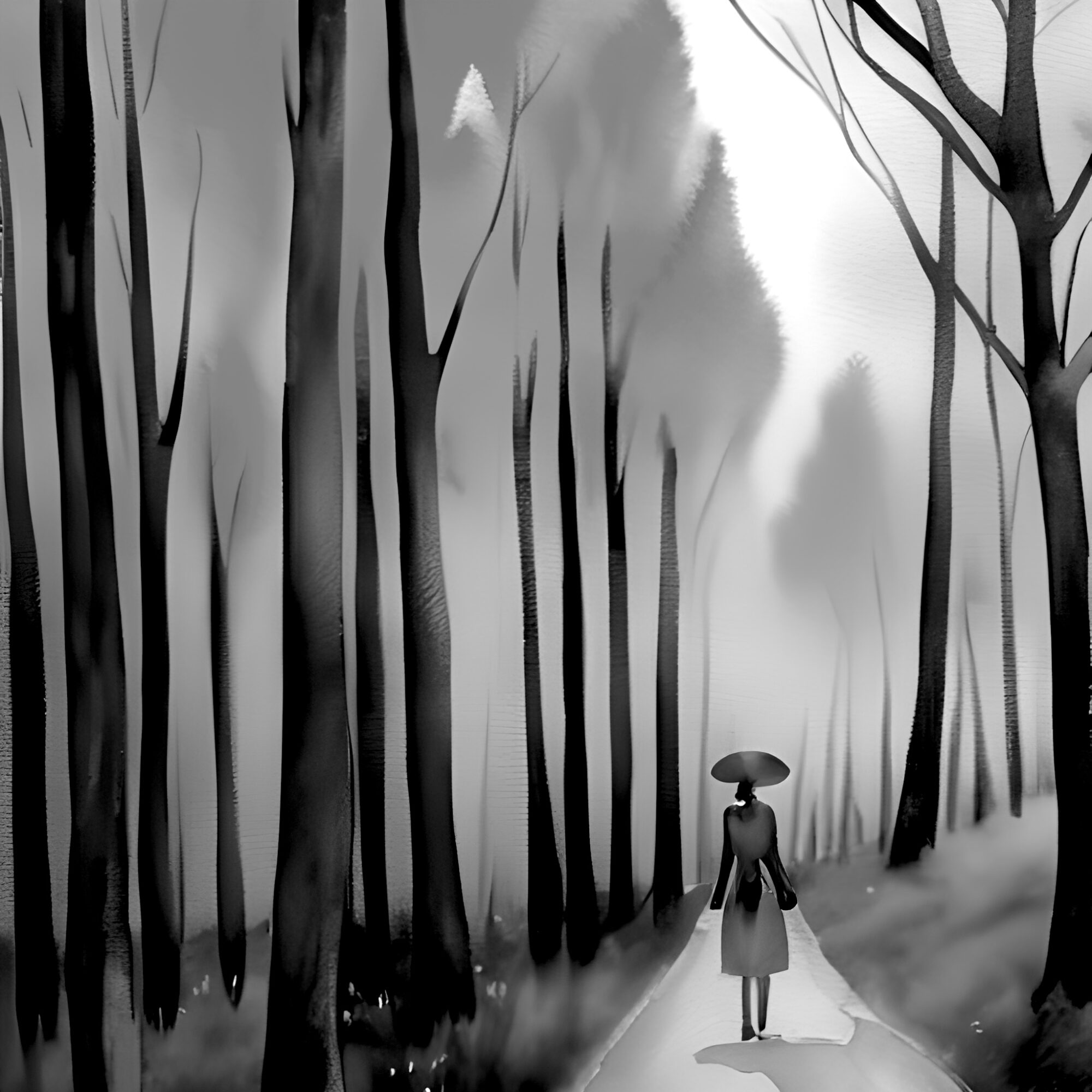 A person holding an umbrella walking along a forest path with tall, leafless trees on a foggy day.