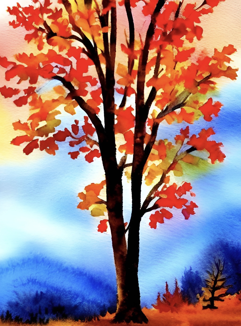 Tree with red, orange, and yellow leaves against a blue sky and distant mountains, with smaller trees at the base.