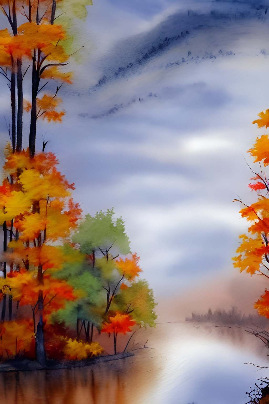 Autumn trees with orange and green leaves beside a calm river under a cloudy sky.