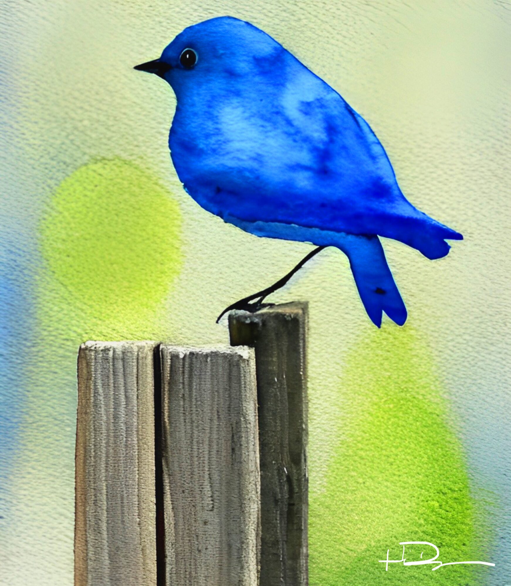 Blue bird perched on a wooden post with a green and yellow background, watercolor style.