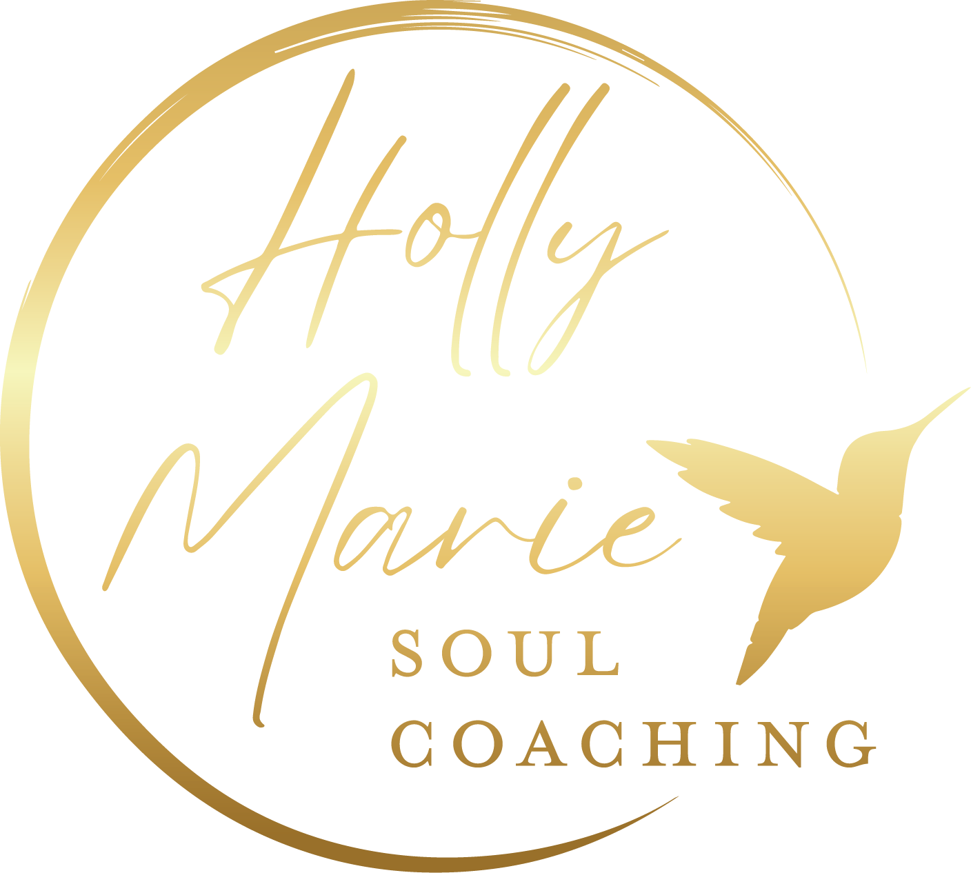 Logo with gold text and a hummingbird on a black background, reading 'Holly Marie Soul Coaching'.