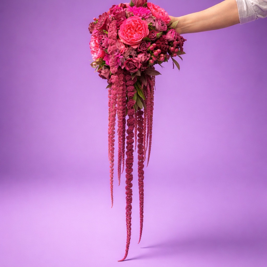 Person holding a cascading pink flower bouquet against a purple background.