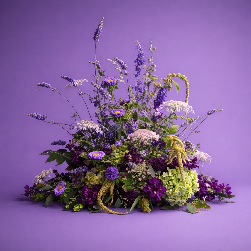 A large purple flower arrangement with various flowers and greenery against a purple background.