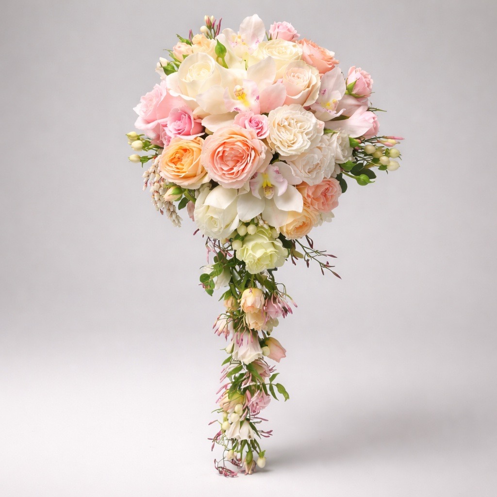 A cascading bouquet of pink, white, and peach flowers with green leaves, arranged in a teardrop shape.