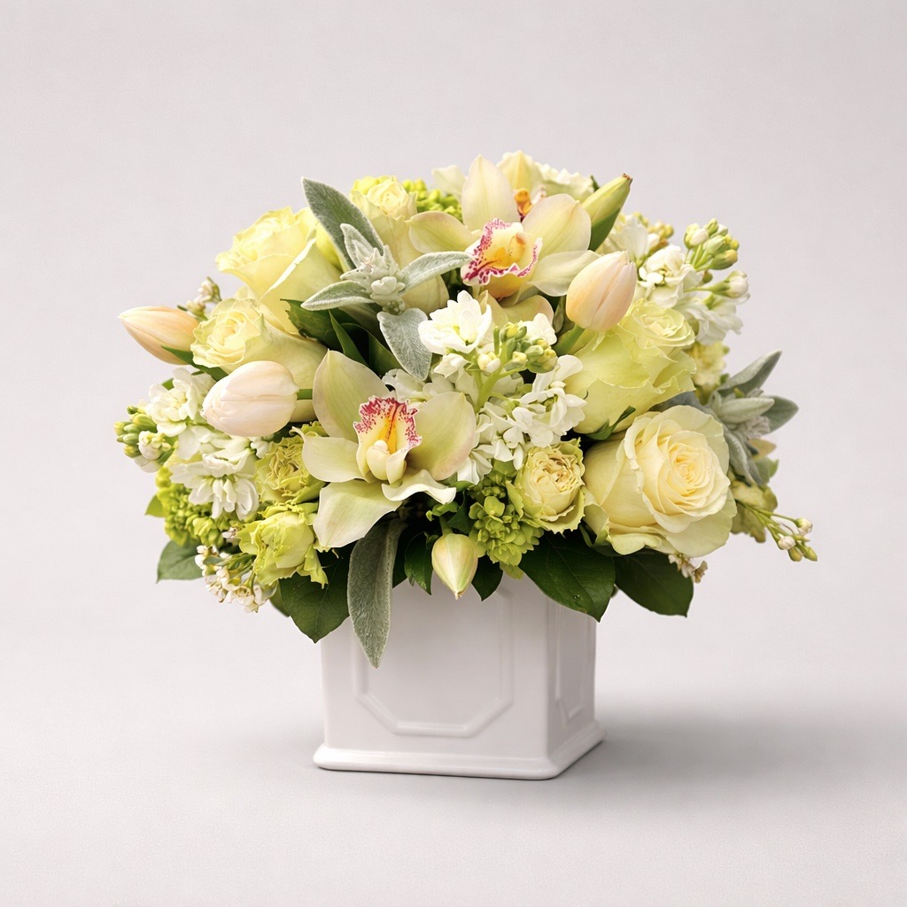 White and cream flower arrangement in a white square vase, with roses, orchids, and greenery, on a plain background.