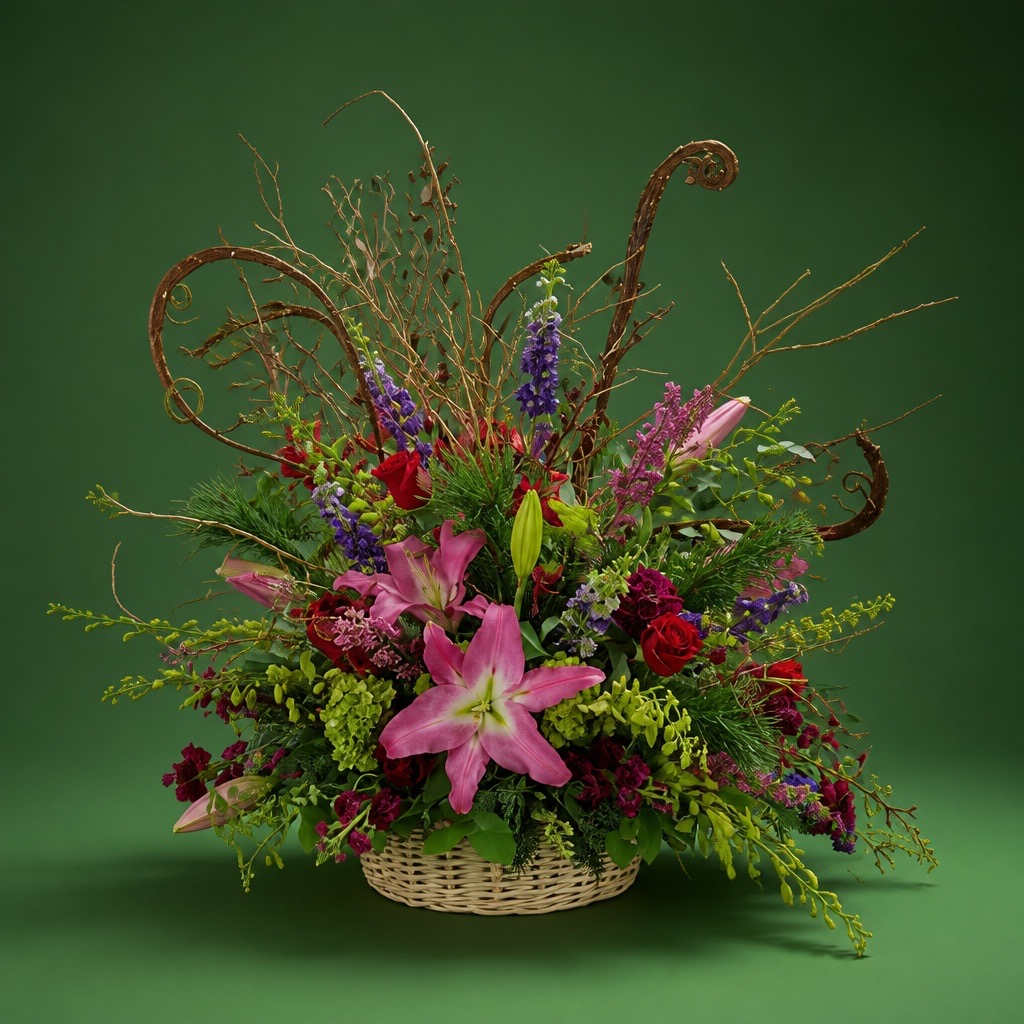 Colorful flower arrangement with pink lilies, purple, red, and yellow flowers in a basket against a green background.