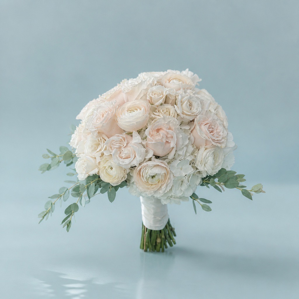 Bouquet of white and pale pink roses with green leaves on a light blue background.