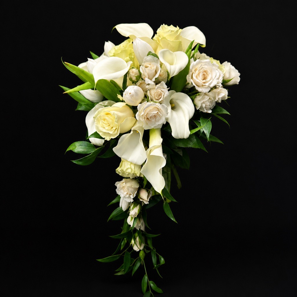 Elegant white floral bouquet with roses, calla lilies, and greenery against a black background.
