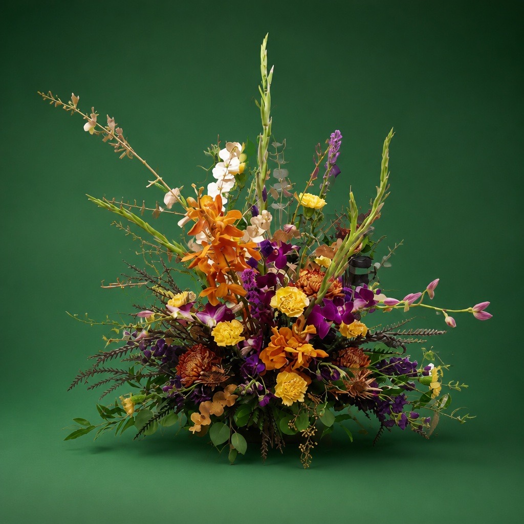 Colorful flower arrangement with orange, yellow, purple, and pink flowers on a green background.