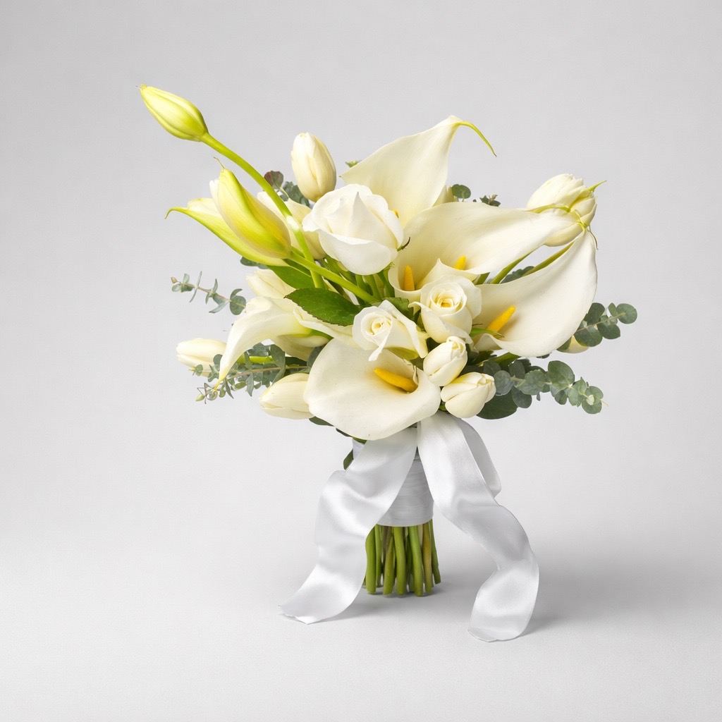 Bouquet of white calla lilies and roses with green foliage, tied with a white ribbon, against a plain background.