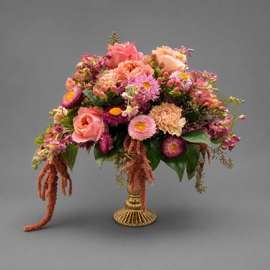 Pink and purple flowers in a gold vase against a gray background.
