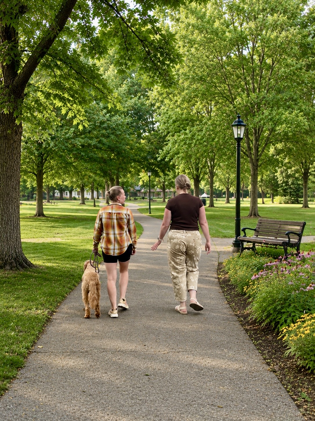 Two women walk a dog along a park path surrounded by green trees and benches, sunny day, lush grass and flowers.