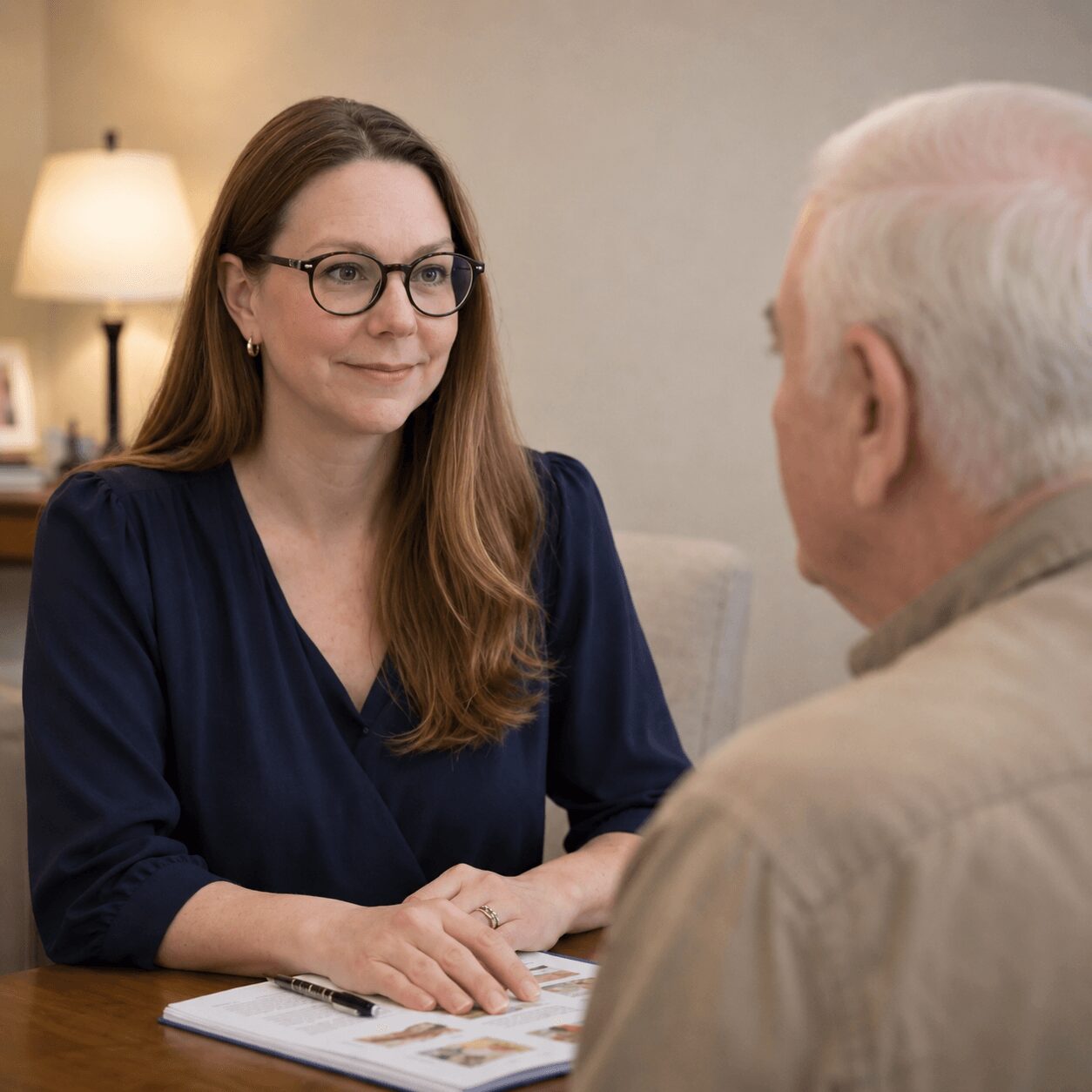 Woman with glasses and long brown hair sitting at a table, talking to an older man with white hair, in a room with a lamp and framed photos. 20 words.