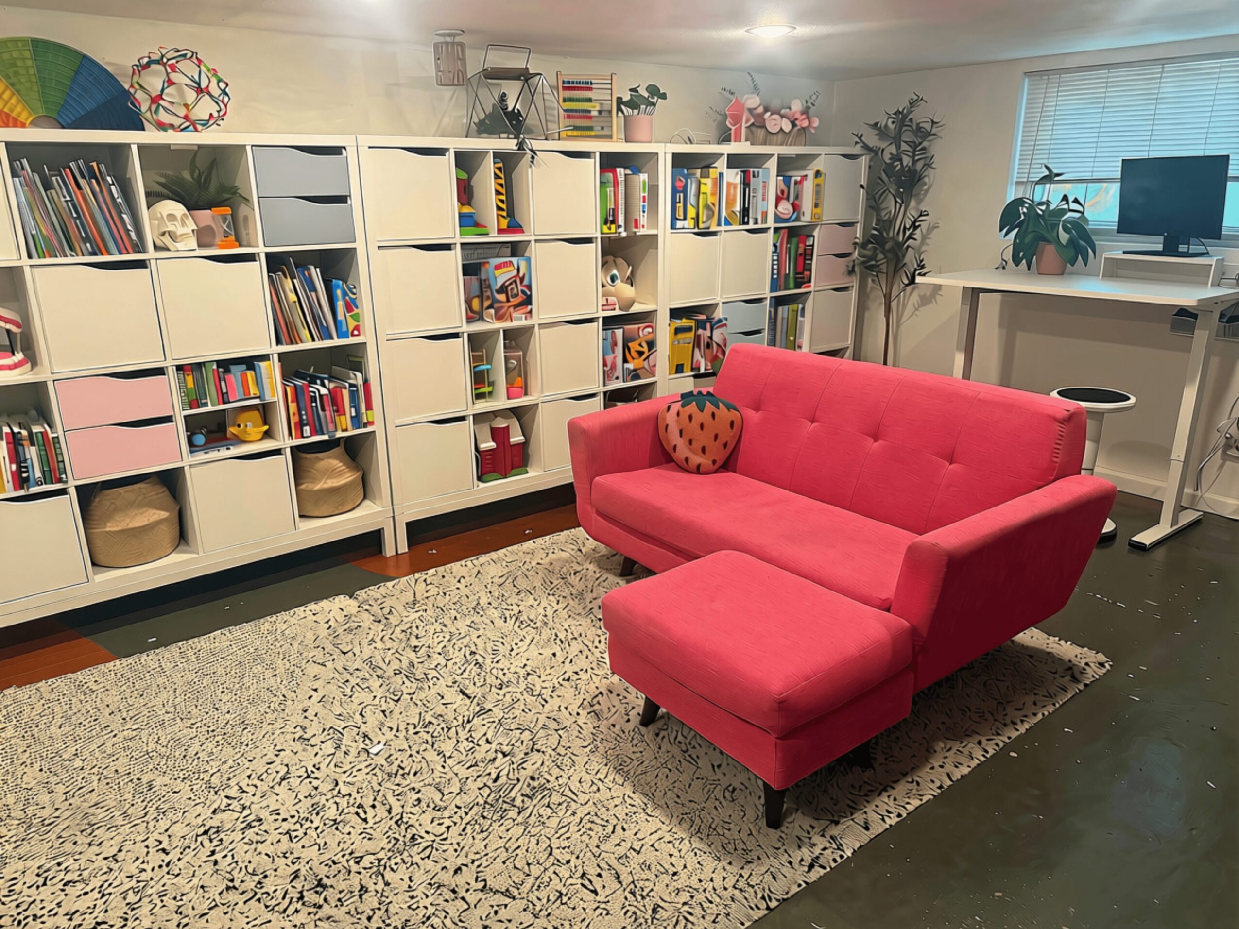 Pink sofa with a round cushion, white bookshelf filled with books and toys, desk with computer, and potted plants in room.