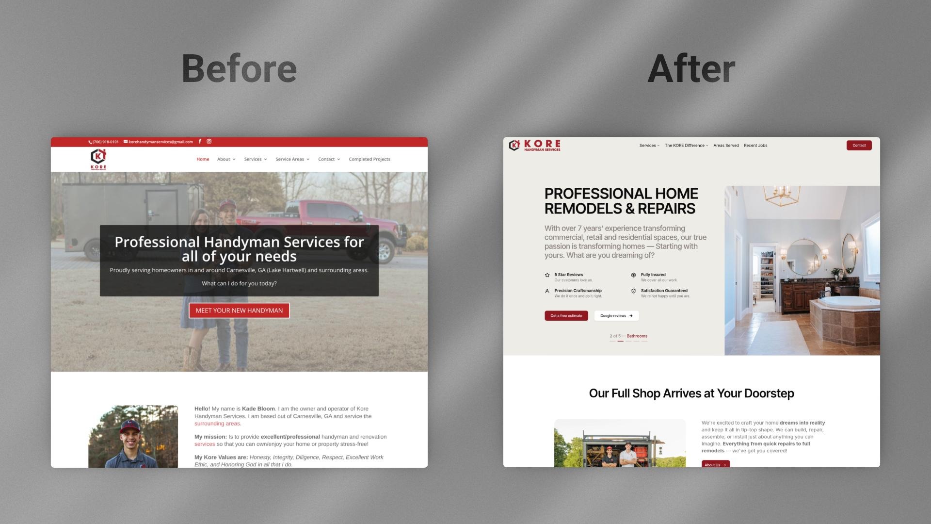 Comparison of two website screenshots labeled 'Before' and 'After', showing home remodeling services and interior images.