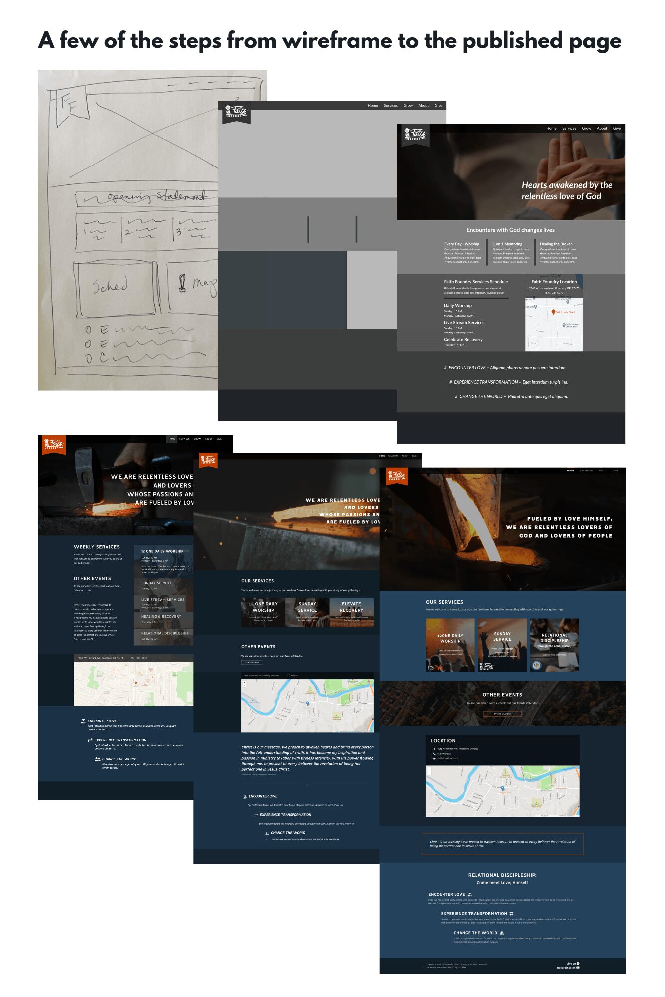 Multiple website wireframes and design sketches, some with text and layout details, arranged in a collage.