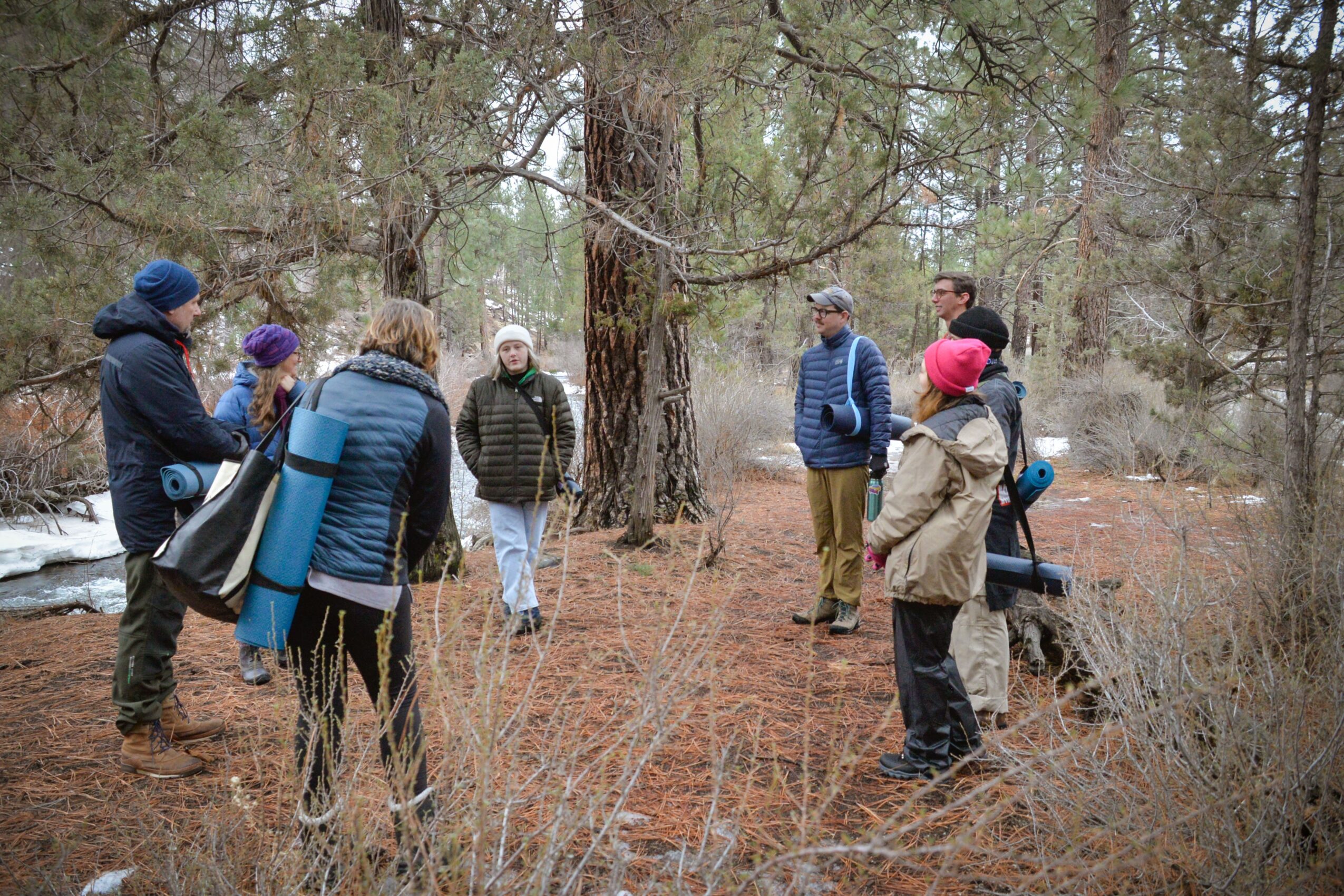 Group of people standing in a forest clearing among trees and dry grass, some wearing winter clothing and hats.