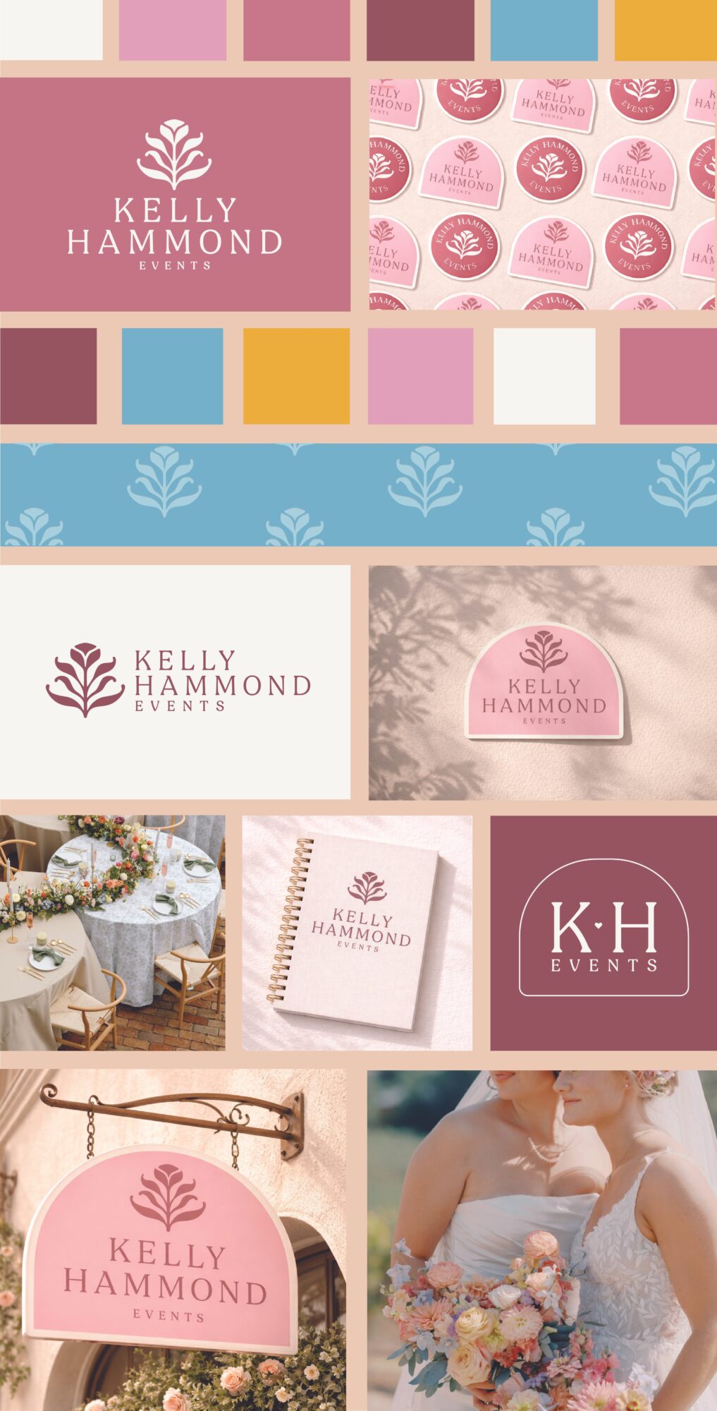 Collage of branding, packaging, and event materials for Kelly Hammond, including logos, business cards, and decor, in pink, blue, and white.