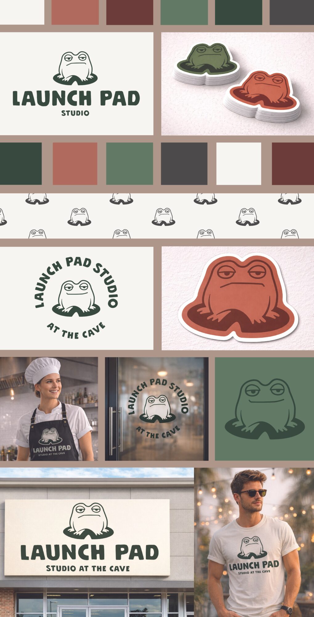 Collage of images with launch pad logo, shoes, a person wearing a hat, and a frog illustration.