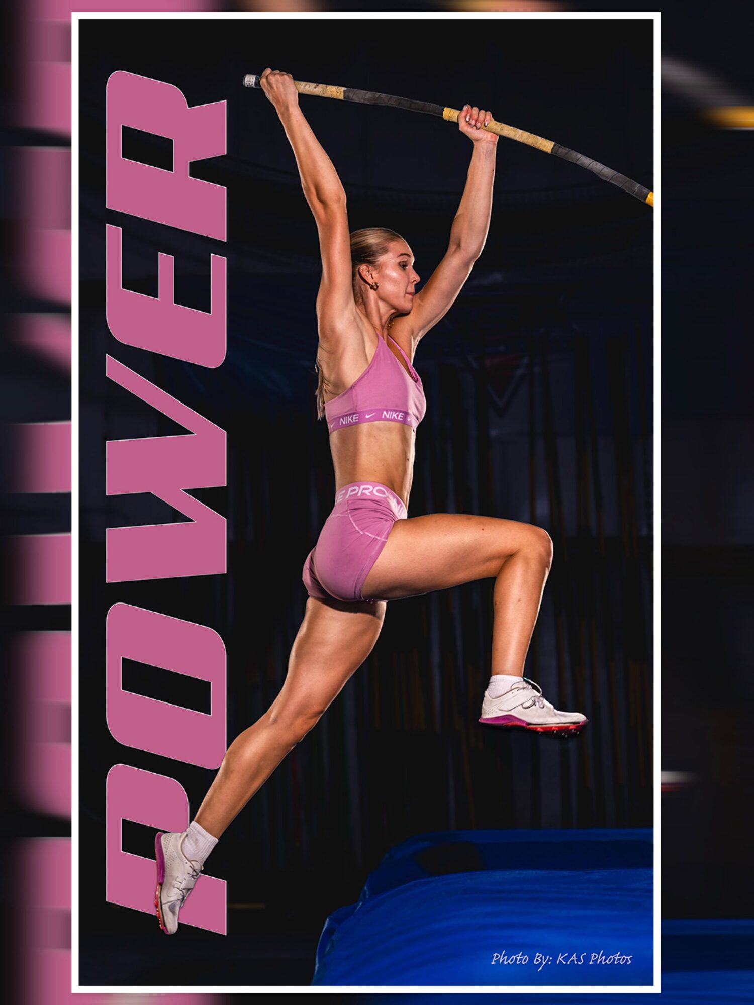 Female athlete in pink sportswear jumps with a pole, with the word 'POWER' vertically on the left side.