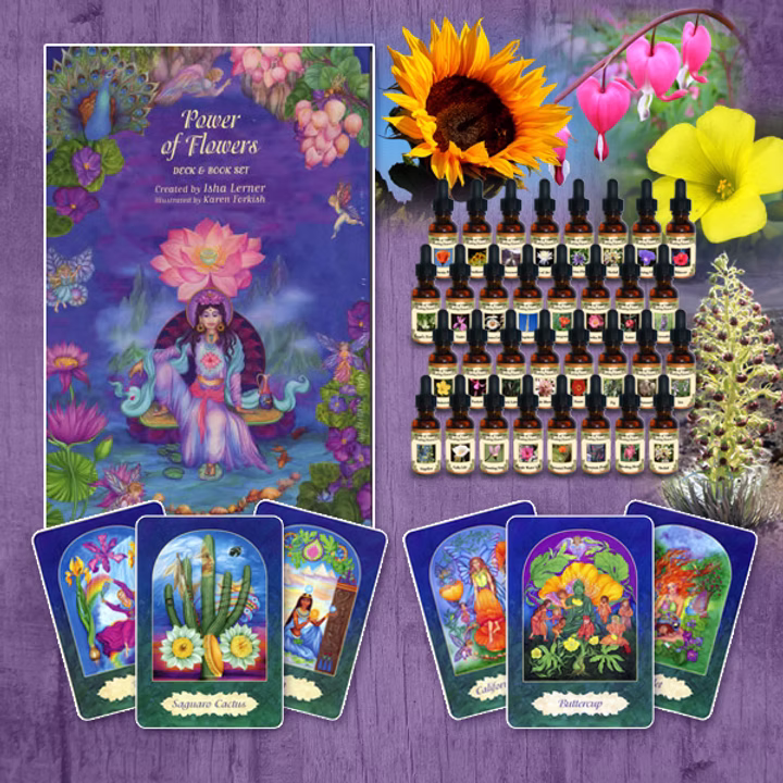 Book titled 'Power of Flowers' with colorful flowers and a woman, surrounded by flower cards and essential oils, on purple background.